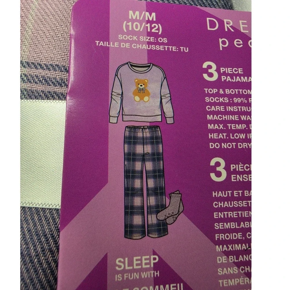 Dream Big Peace Out Kids Pink Bear Plaid 3 Piece Pajama Set Socks M 10/12 NWT